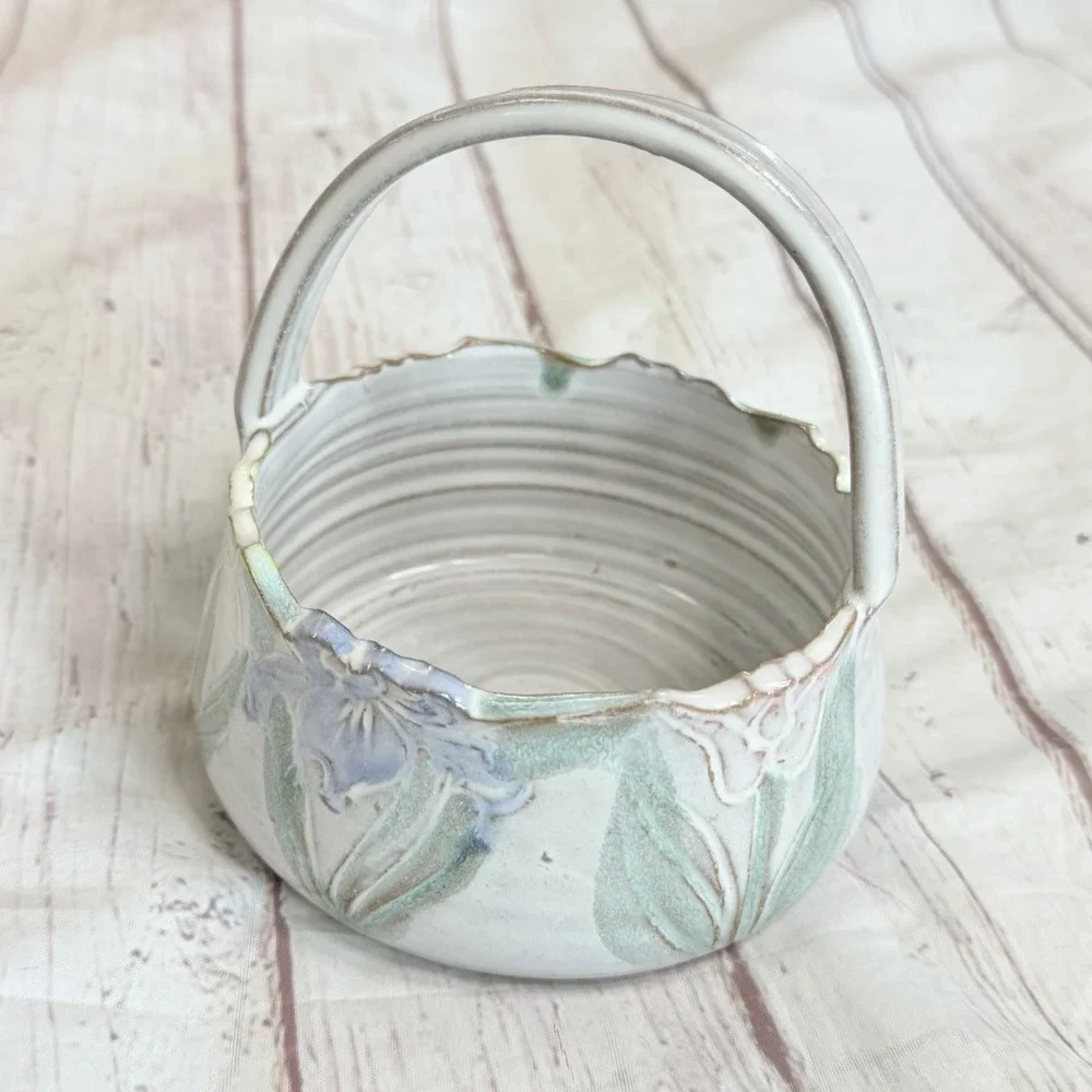 Priscilla Eggen Pottery Basket Spring Botanical Glazed Art Gift Collectible